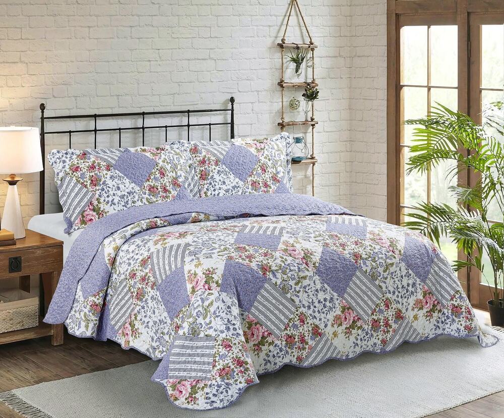 Floral Patchwork Quilt Set King Lavender Purple White Reversible Shabby 3 pieces